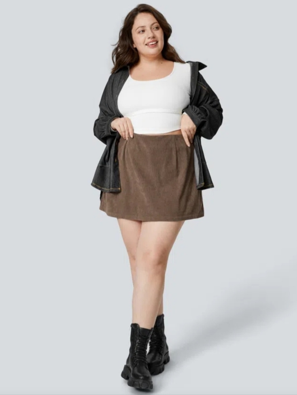 Halara Plus Size Brown Ribbed Mini Skort - Casual A-Line